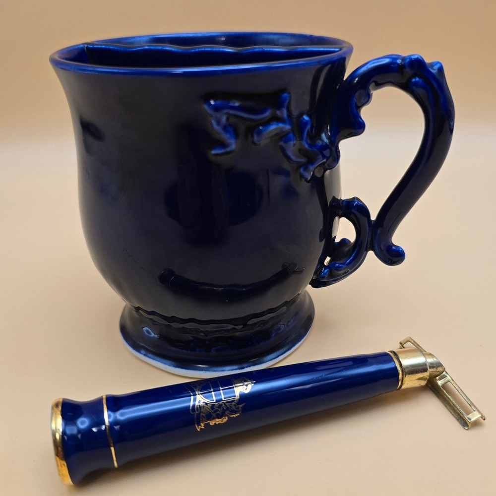 Vintage Cobalt Blue Ceramic Shaving Scuttle Mug and Crest Razor Handle Set